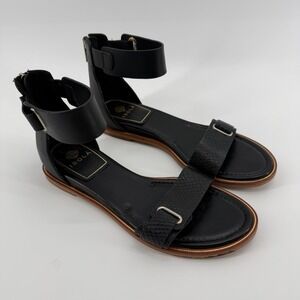 ISOLA‎ Black Leather Ankle Strap Flat Sandals Womens Size 8.5 Snake Embossed